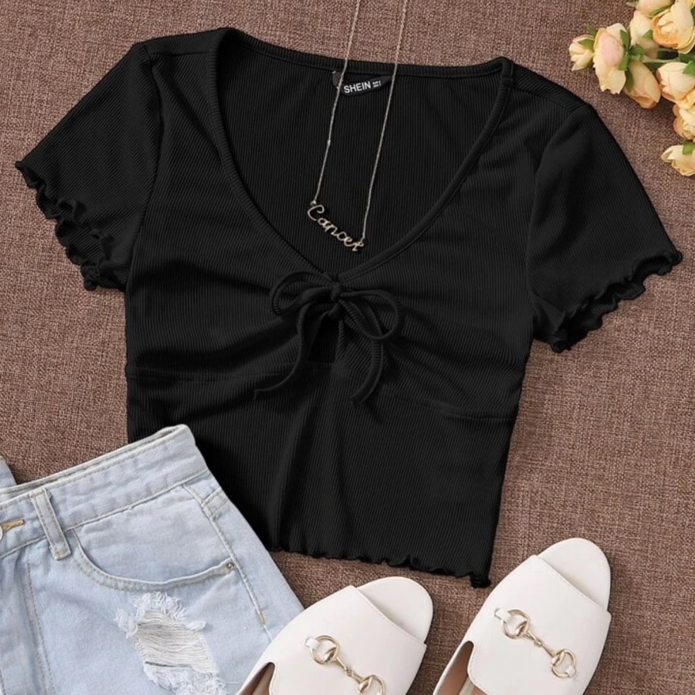 Lettuce Trim Tie Front Rib-Knit Peekaboo Top